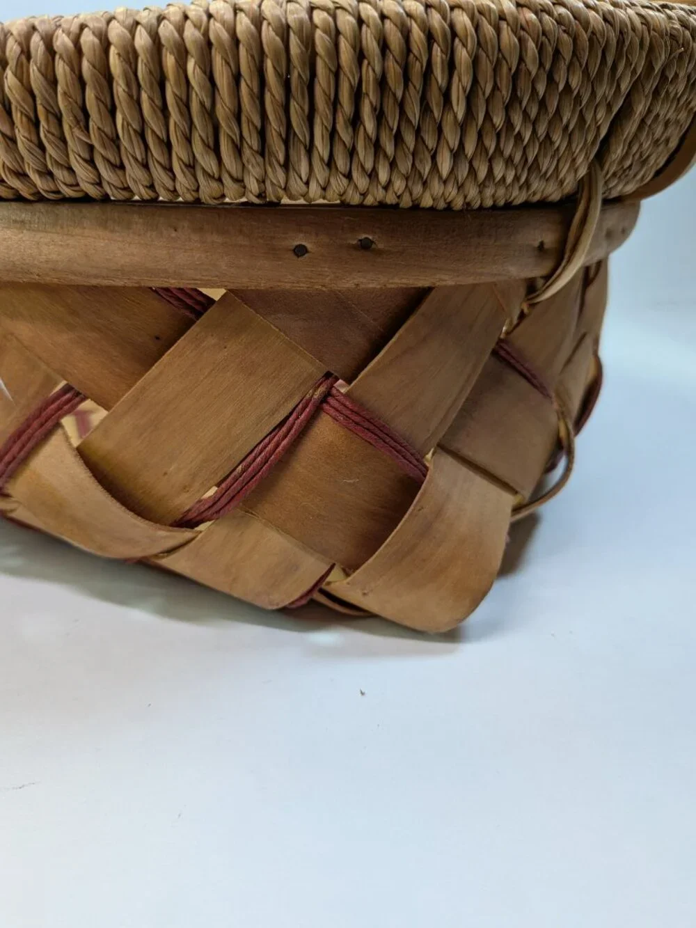 Vintage Mixed Media Decorative Basket Solid Wood Handle Nailed Construction